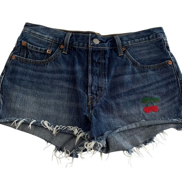 Levi's 501 Cut Off Shorts size 29 Cherry Embroidered Dark Wash Micro Mini - Picture 1 of 9